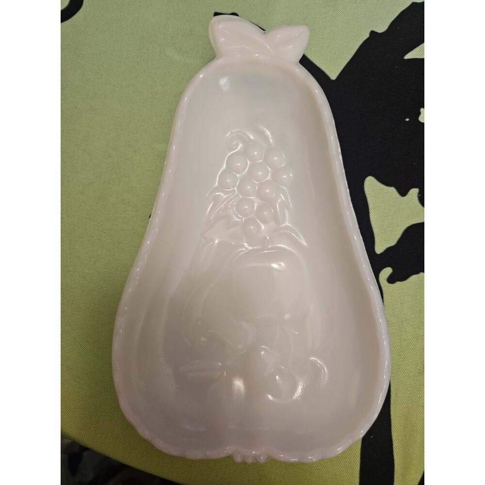 Vintage Milk Glass Pear Shaped embossed Fruit on Front Flowers on Back Tray
